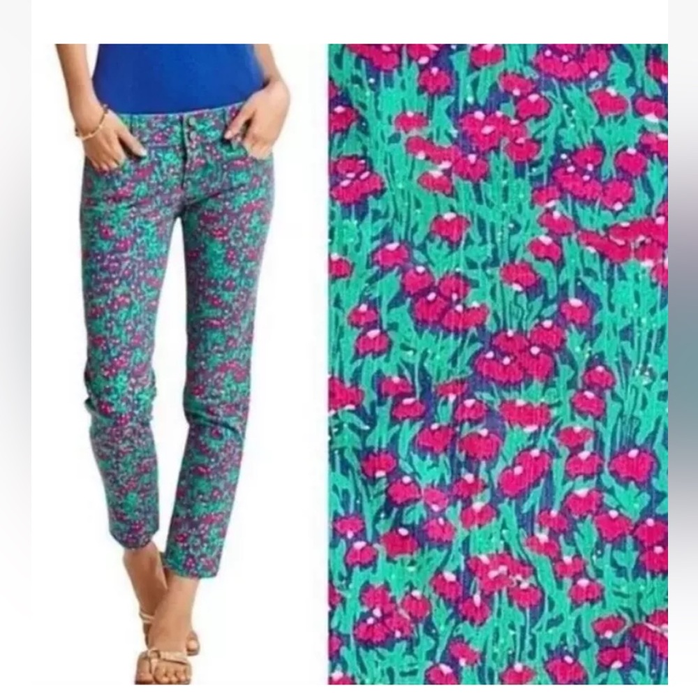 Lilly Pulitzer Worth Skinny Mini Stretch Jeans Green Pink Floral Size 4 Waist 32